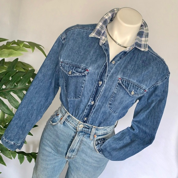 v i n t a g e :: Denim Flannel Jeans Shirt Pearl Buttons Slouchy - Picture 2 of 12